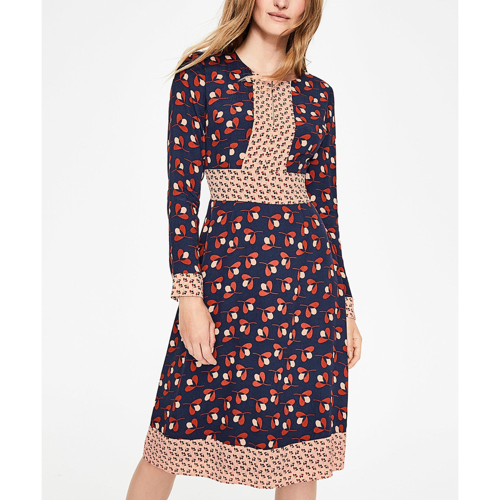 Boden Long Sleeve Floral Knee Length Navy & Conker Clover Daisy Dress 14R